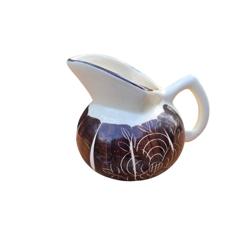 Vintage Purinton Pottery Intaglio Brown Pitcher Jug Slip Ware Mid Century 4.5"